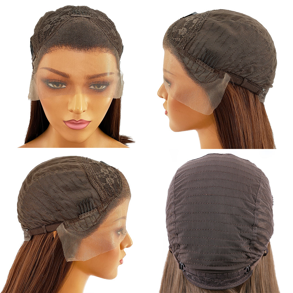 Natural-looking black synthetic wig with a front lace, featuring long, straight, matte, high temperature fibers