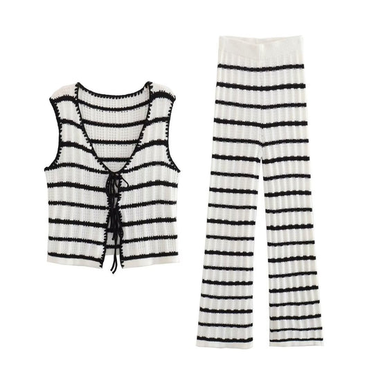 Summer 2 Pieces Set Black And White Striped V-Neck Lace-Up Tops+Knitted High Waist Wide Leg Pants Female Suit