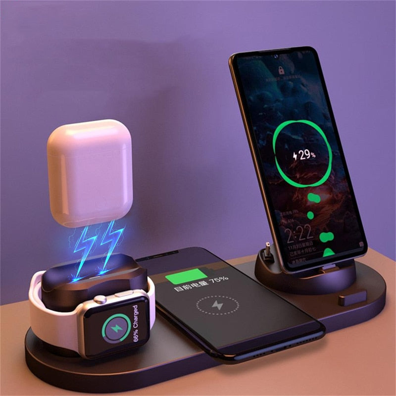 6 in 1 Wireless Charger Dock Station for iPhone/Android/Type-C USB Phones 10W Qi Fast Charging For Apple Watch AirPods Pro