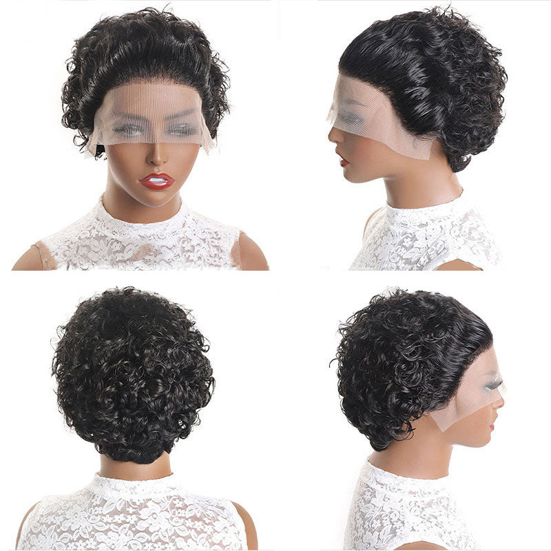 Lace wig with real human hair in a short pixie syle