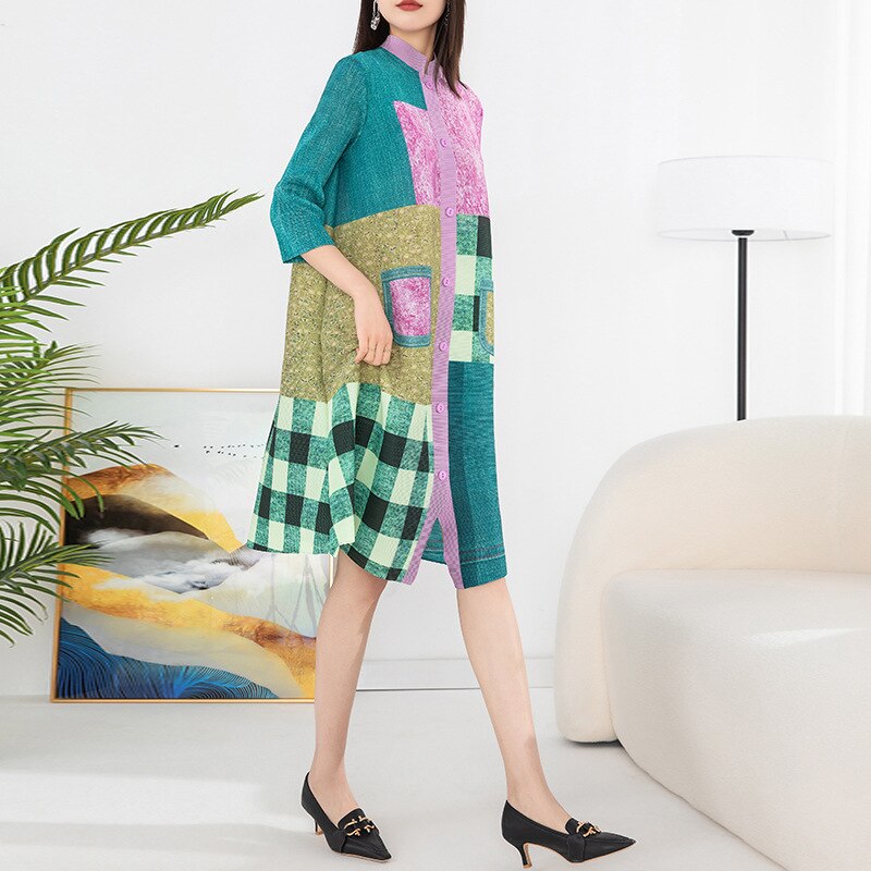 Miyake Pleated Denim Plaid Printed Dress Women  Spring Summer New Cardigan Single Breasted Loose Plus Size Long Dress Coats