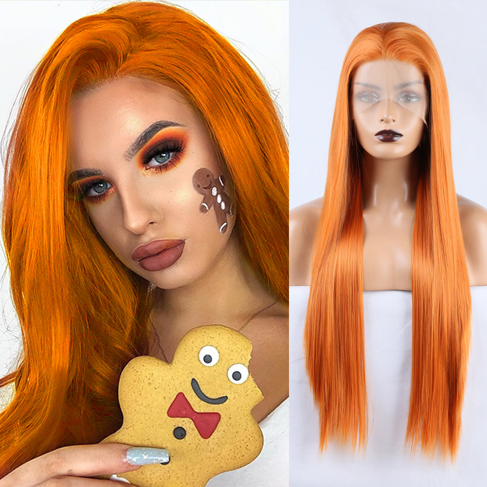 Long Straight Hair 13*2.5 Orange Chemical Fiber Front Lace Wig Head Cover Natural Hairline