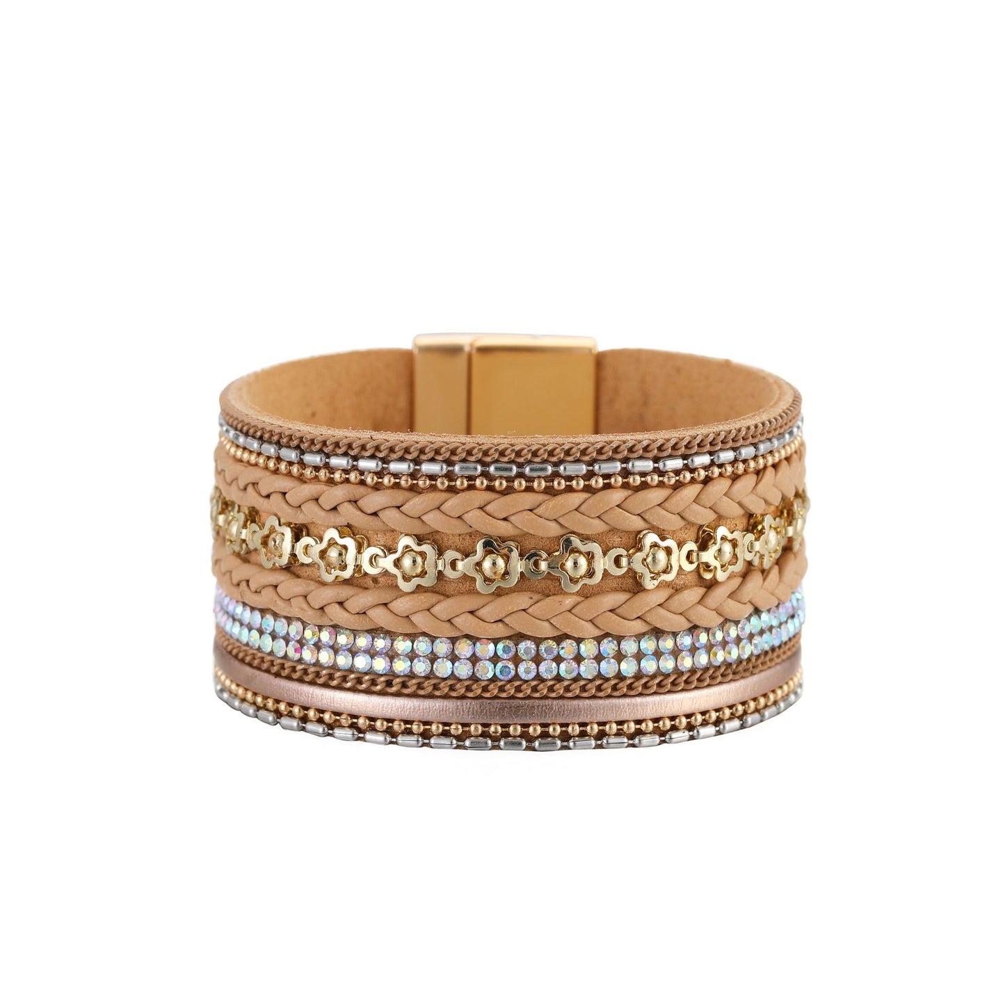 Bohemian Wide Bracelet Flower Elements Diamond Light Luxury Braided Leather Strip Fashion Magnetic Buckle Bracelet