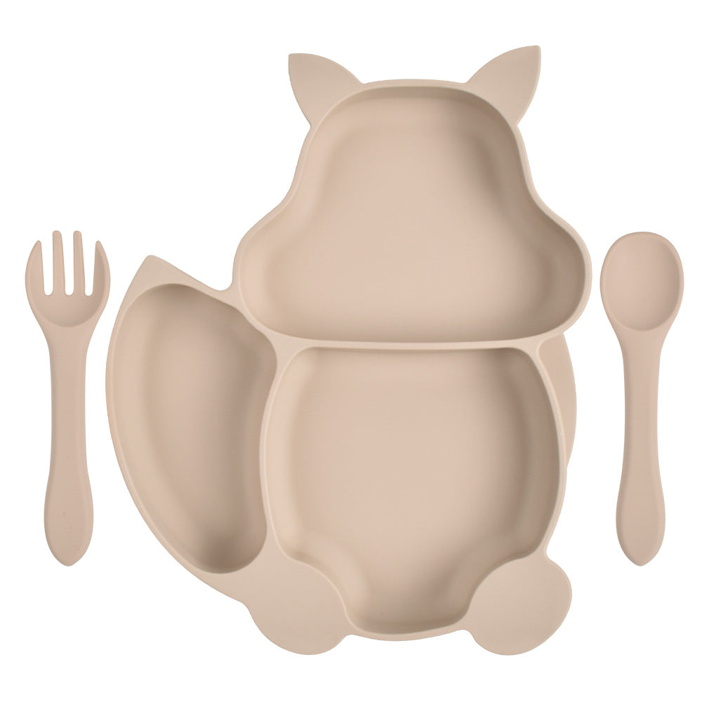 Squirrel Compartment Children's Tableware Silicone Complementary Food Bowl Baby Fork And Spoon Integrated Silicone Dinner Plate