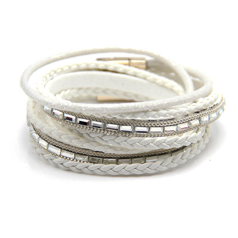 New Hand Woven Diamond Bracelet Women's Fashion Zinc Alloy Jewelry Multi Layer Magnetic Bracelet Leather Bracelet