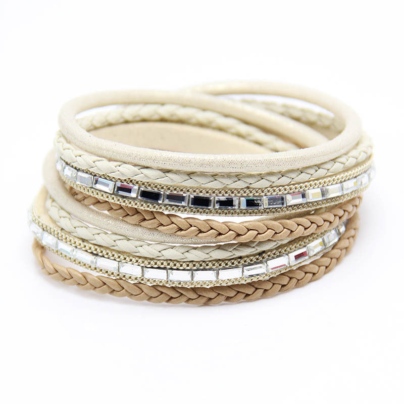 New Hand Woven Diamond Bracelet Women's Fashion Zinc Alloy Jewelry Multi Layer Magnetic Bracelet Leather Bracelet